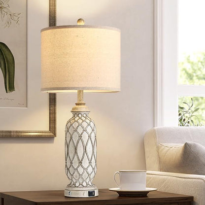 Farmhouse Table Lamps for Bedroom Set of 2, 28" Rustic Bedside Lamp with USB Ports, 3-Way Dimmable Nightstand Table Lamp for Living Room3