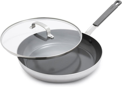X Bobby Flay Stainless Steel 12” Frying Pan Skillet & Glass Lid, Professional Grade Tri-Ply, Multiclad, Pfas-Free Ceramic Nonstick, Induction Suitable, Dishwasher & Oven Safe,Stay Cool Handle1