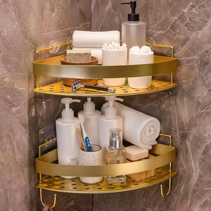 Corner Shower Shelves, 2-Tier Gold Shower Candy with 4 Hooks, Stainless Steel Bathroom Shower Organizers, Wall Mounted Caddy Shelves No Drilling with Adhesive, Triangle Storage Shelf for Toilet1