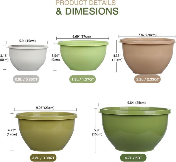 Plastic Mixing Bowls with Lids Set for Kitchen, 5 Set Nesting Bowls for Mixing, Baking, Prepping, Cooking and Serving Food, Mixing Bowls Dishwasher, Microwave Safe2