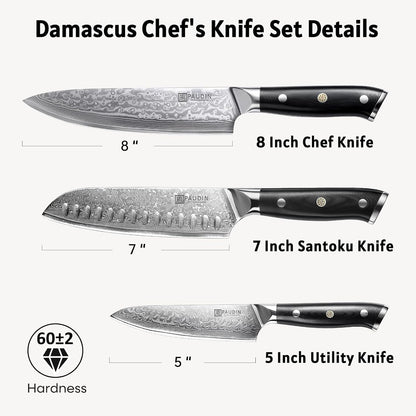 Damascus Knife Set 3 PCS, Japanese VG10 Steel Core, Ultra Sharp Chef Knife Set, Full Tang G10 Handle, Damascus Kitchen Knives8