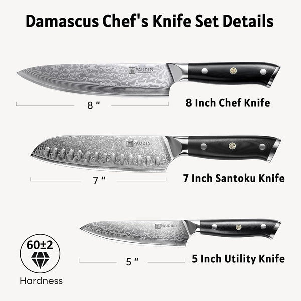 Damascus Knife Set 3 PCS, Japanese VG10 Steel Core, Ultra Sharp Chef Knife Set, Full Tang G10 Handle, Damascus Kitchen Knives8