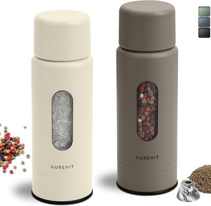 Salt and Pepper Grinder Set Manual, Salt and Pepper Mill with Ceramic/Stainless Steel Core, External Adjustable Coarseness, Refillable, Durable (2 Packs, Greige&Buttercream)1