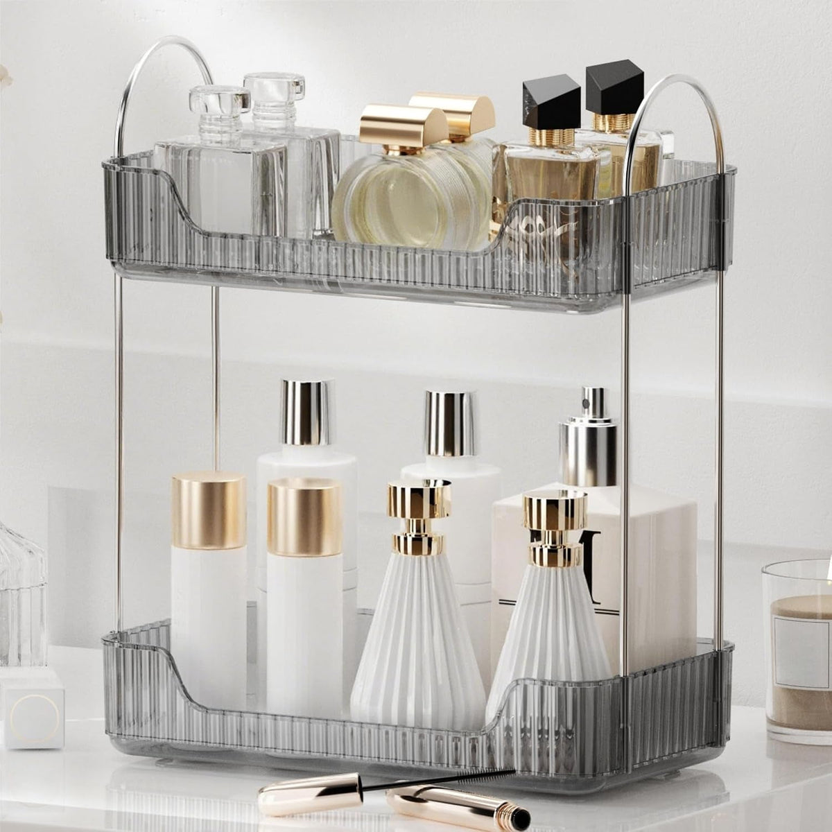 bathroom-organizer-countertop-makeup-storage-skincare-cosmetic-tray-shelf-perfume-holder-rack-for-vanity-counter-large-capacity-easy-to-install-clean-2-tiers-smoky-gray