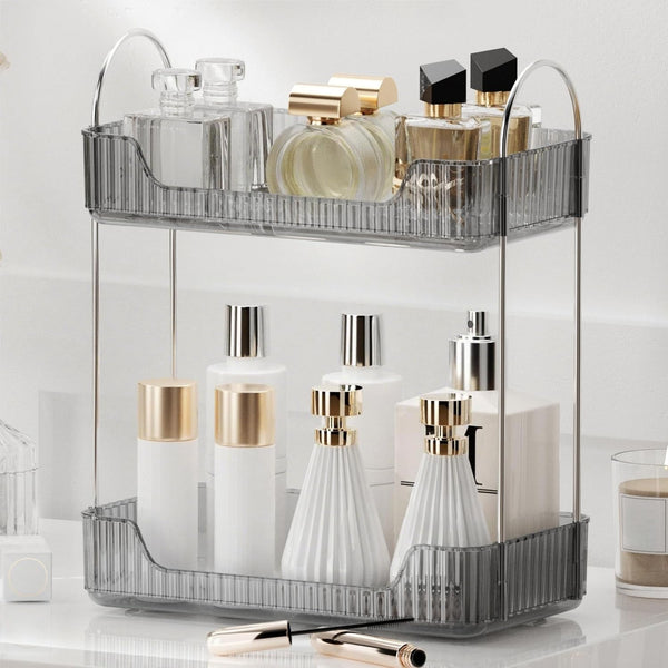 Bathroom Organizer Countertop, Makeup Storage, Skincare Cosmetic Tray Shelf, Perfume Holder Rack for Vanity Counter, Large Capacity, Easy to Install, Clean, 2 Tiers, Smoky Gray1