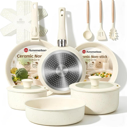 Pots and Pans Set Non Stick, Ceramic Cookware Set with Removable Handles, Stackable Space Saving Kitchen Set, Induction & Oven & Dishwasher Safe, for Small Kitchen, Apartment, RV, Cream White1