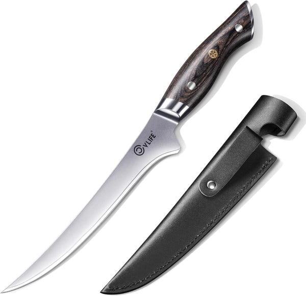 Fillet Knife with Leather Sheath, 7.2" Sharp 10Cr15Mov Steel Blade1