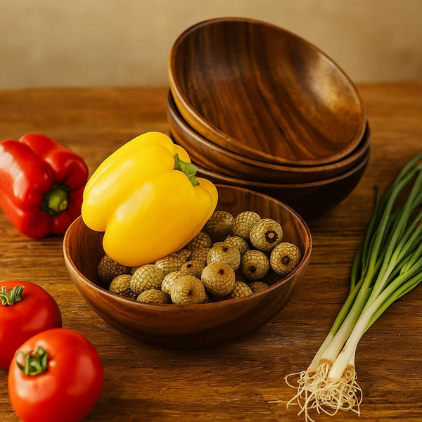 Wood Bowls for Food, Set of 4, 7 in Solid Acacia Salad, Cereal & Pasta Bowl3