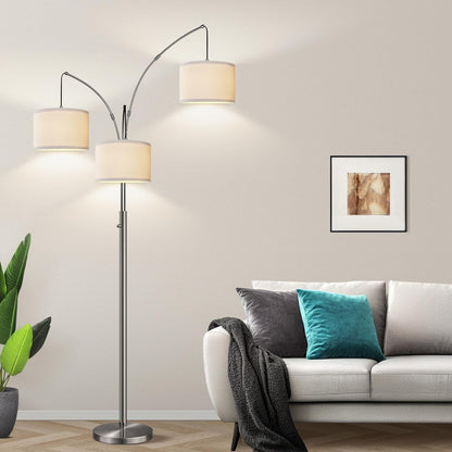 Dimmable Floor Lamp, 3 Lights Sliver Arc Floor Lamp, Modern Tall Standing Tree Lamp with White Linen Shades & Heavy Base, 3000LM LED Bulbs, Bright Lighting for Living Room, Bedroom, Office & Reading7