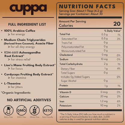 Cuppa Medium Roast Mushroom Coffee with Adaptogens & Superfoods - Lion’S Mane, Ashwagandha & Cordyceps. Adaptogens + MCT to Support Natural Energy, Mental Focus & Gut Health (30 Servings)2