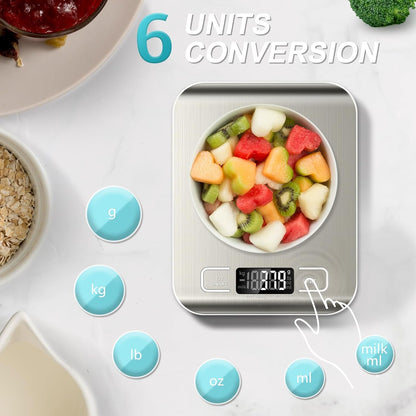 Food Scale, 11Lb Kitchen Scale with 6 Units Tare Function & LCD Display, 0.05Oz/1G Stainless Steel Digital Food Scale Grams and Ounces for Baking, Cooking, Dieting and Meal Prep (Batteries Included) | 6 Conversion Units,Automatic Overload,Low Battery Warning Modes,2*Aaa Batteries,For Baking, Cooking,Dieting and Meal Prep2