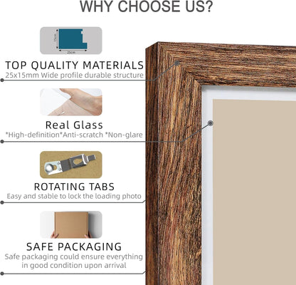 11X14 Picture Frame Set of 4, Made of Glass and Rustic Brown Wooden Frame, Display 8X10 Pictures with Mat or 11 X 14 Posters without Mat for Wall Mounting, Gallery Photo Frames6
