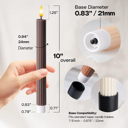 Mocha Brown Coordinated Chocolatey 4 Pack, 10" Real Wax LED Flameless Fluted Ribbed Grooved Taper Candles, Remote & Timer Memory, On/Off Button, Dimmable, Battery Operated, Menorah Wedding4
