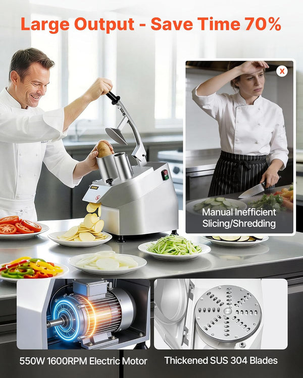Commercial Food Processor 550W Electric Vegetable Slicer 6 Blades | 2 Feeding Holes, 1600 RPM Stainless Steel Vegetable Processor, Interchangeable Blade, 3Mm/4Mm/7Mm Shred and 2Mm/4Mm Slice4
