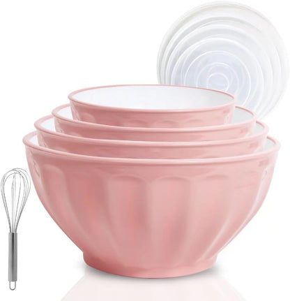Mixing Bowls with Lids Set,4 Piece Large Plastic Nesting Bowls,Includes 4 Microwave Safe Mixing Bowl and an Egg Whisk for Kitchen Prepping,Baking,Cooking Food, Pink1