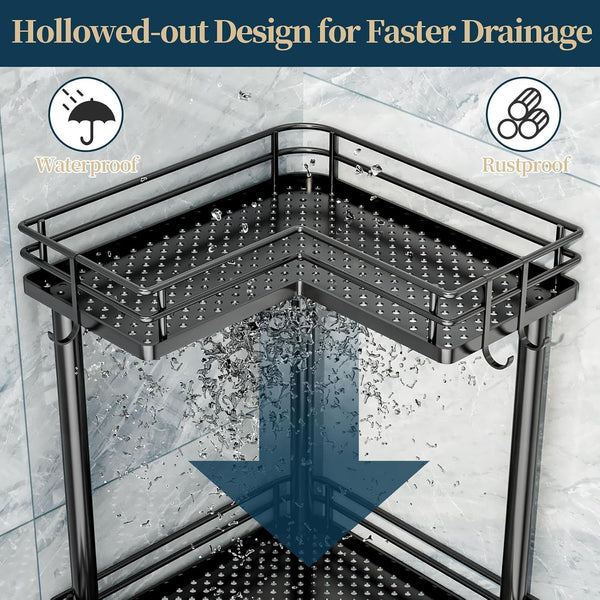 Corner Shower Caddy Standing - 3-Tier Stainless Steel Shower Organizer with Soap Holder and 4 Hooks, Large Capacity Corner Shelf Stand for Bathroom, Rest Room, Black4