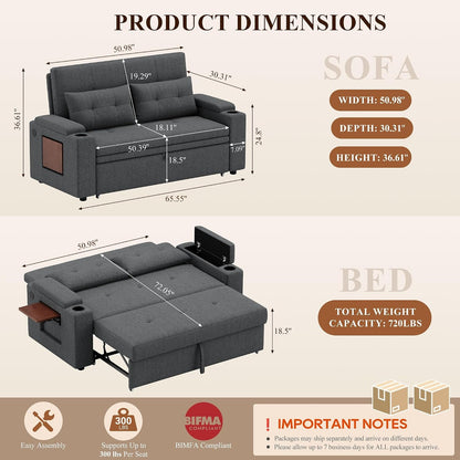 65'' Convertible Futon Sofa Bed, Fabric Pull Out Couch, Dark Grey3