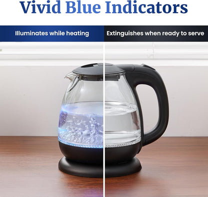EKT1001 1.0L Glass Kettle, 1100W, Cordless Base, Black | Bpa-Free Glass, Blue LED Interior, 360° Base, Auto Shut-Off Function, Quickly Boil Water for Tea & More5