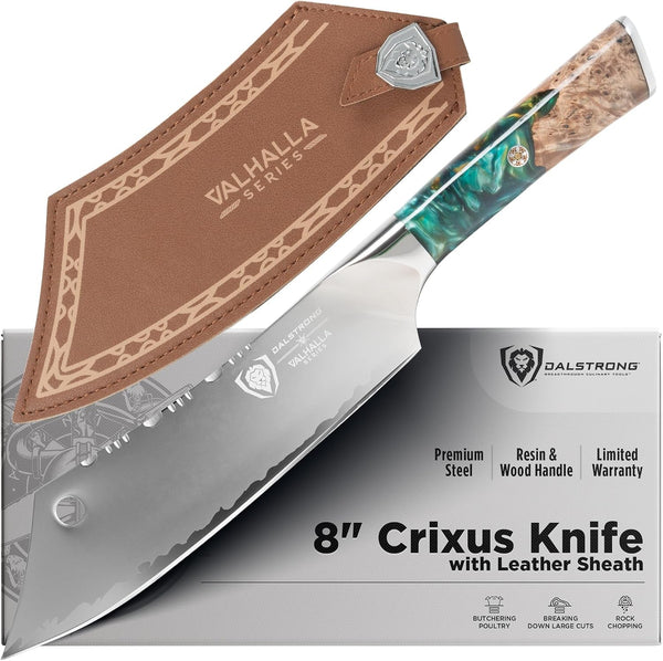 Chef & Cleaver Hybrid Knife - the 'Crixus' - 8 Inch - Valhalla Series - 9CR18MOV HC Steel - Celestial Resin & Wood Handle - Razor Sharp Chef'S Knife - W/Leather Sheath1