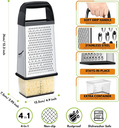 Cheese Grater with Container Box Grater Stainless Steel Kitchen Black | Dishwasher Safe 4 Sided Vegetable Shredder Zester Cheese Shredder Box Gratters for Carrot Potato Parmesan Citrus Lemon Gift2