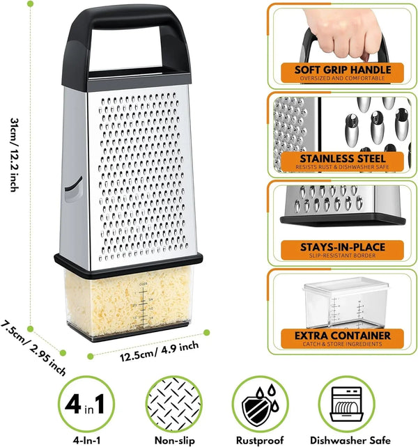 Cheese Grater with Container Box Grater Stainless Steel Kitchen Black | Dishwasher Safe 4 Sided Vegetable Shredder Zester Cheese Shredder Box Gratters for Carrot Potato Parmesan Citrus Lemon Gift2