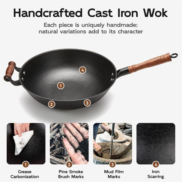 12.6 Inch Cast Iron Wok Pan with Wood Lid, Uncoated Flat Bottom Chinese Stir Fry Pan, Heavy Duty Wok for Induction, Gas and Electric Stoves8