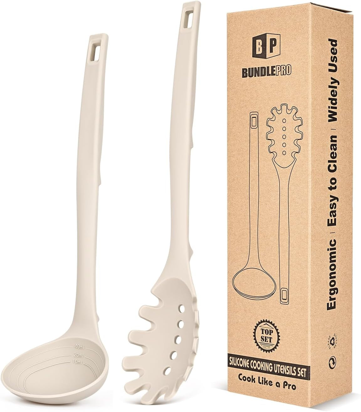 silicone-pasta-fork-and-soup-ladle-set-heat-resistant-non-stick-kitchen-utensils-with-back-hooks-suitable-for-cooking-stirring-serving-spaghetti-soup-saucekhaki