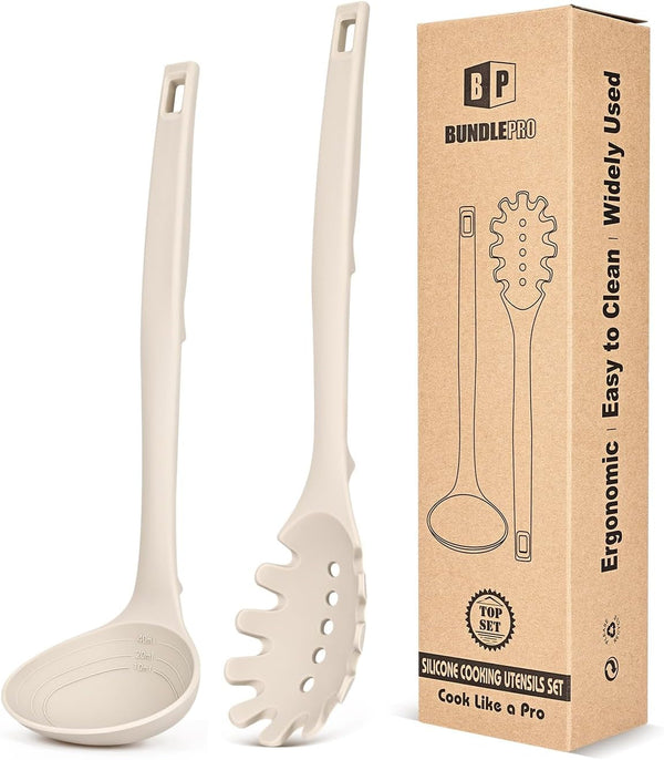 Silicone Pasta Fork and Soup Ladle Set, Heat Resistant Non Stick Kitchen Utensils with Back Hooks, Suitable for Cooking, Stirring, Serving Spaghetti, Soup, Sauce(Khaki)1