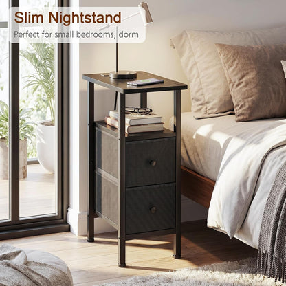 Narrow End Table with Charging Station, Small Nightstand | Skinny Side Tables Living Room with 2 Fabric Drawers, Slim Bedside Table for Bedroom, Small Spaces, Couch, Black9