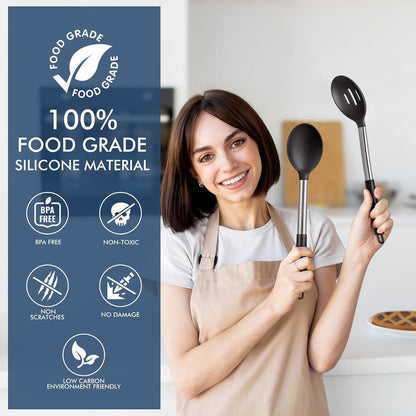 446°F Heat Resistant Large Silicone Cooking Spoon, BPA Free Solid Slotted Spoons, Nonstick Kitchen Cookware Utensils, Mixing, Serving, Stiring Large Spoons, Black6