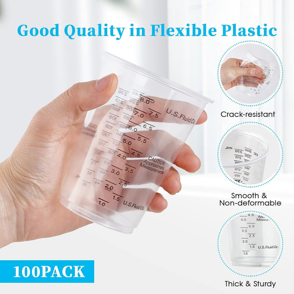 100 PACK 10 Oz Plastic Measuring Cups, with 100 Wooden Mixing Sticks2