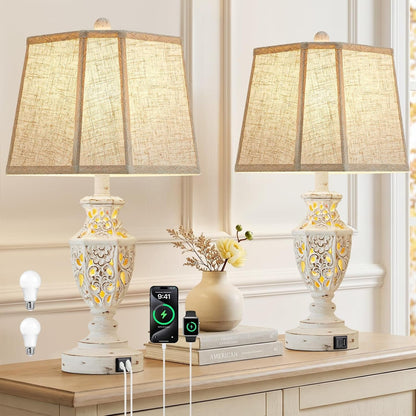 Lamps for Night Stands Set of 2-23.5" Boho Bedside Lamp with USB A+C and Nightlight - Cream Rustic Carved Resin Farmhouse Table Lamp for Bedrooms, End Tables, Living Room, Bulbs Included1