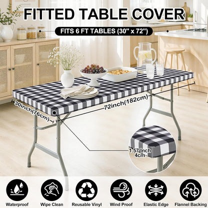 6 Foot Picnic Table Cloth, Flannel Backed Fitted Vinyl Tablecloths | Waterproof Elastic Rectangle Tablecloth ,Buffalo Plaid Table Covers for Dining, Camping, Outdoor (Black and White, 30" X 72")7