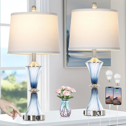 Blue Glass Table Lamp Set of 2 with USB C+A Ports & AC Outlet, Bedside Lamp, Modern Bedroom Lamps, Coastal Lamp for Night Stands Bedroom Living Room,Nightstand Lamp LED Bulbs Included1