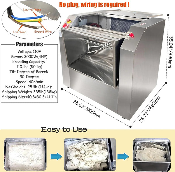 110V Commercial Dough Mixer Machine 50 KG Kneading Capacity Electric Food Mixer Flour Mixer 3000W/4HP for Dough Mixing Kneading2