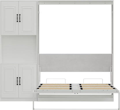 Queen Murphy Bed with 1 Storage Cabinet/Padded Headboard, Concealed Vertical Wall Bed, Featuring Hydraulic Struts/Skirting Groove/Securing Straps, Suitable for Guest Room/Studio9
