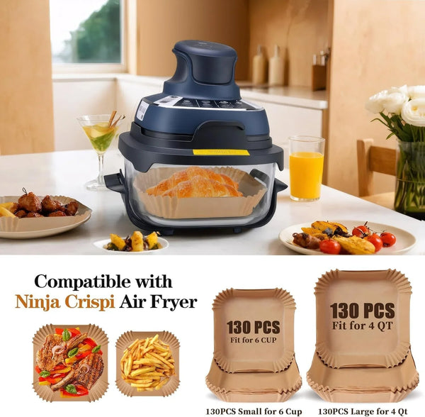 260Pcs Air Fryer Liners Disposable Parchment Paper Sheets for Ninja Crispi | 130 + 130 Non-Stick, Unbleached Airfryer Sheets Air Fryer Accessories for Ninja Crispi Glass 4-In-1 Portable Cooking System2