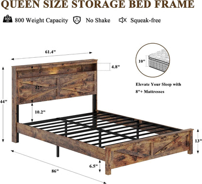 Farmhouse Queen Size Bed Frame with Wooden Storage Headboard2