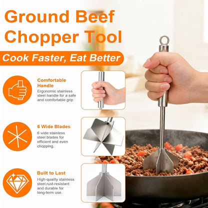 Meat Masher, 11 Inch Stainless Steel Ground Beef Masher with 6-Blade Head, Heavy Duty Meat Chopper for Ground Beef, Hamburger Smasher Tool for Potatoes, Chicken and Meal Prep4