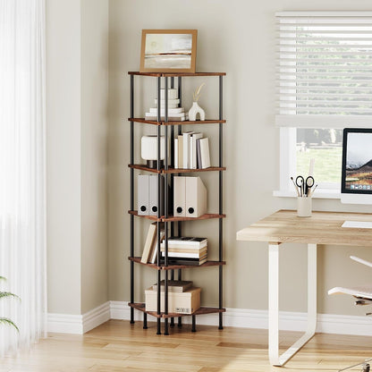 Corner Shelf Stand, Industrial 6-Tier Wall Corner Bookshelf with Metal Frame, Plant Display Shelf, Bookcase for Small Spaces, Bedroom, Living Room, Rustic Brown BF36CJ014
