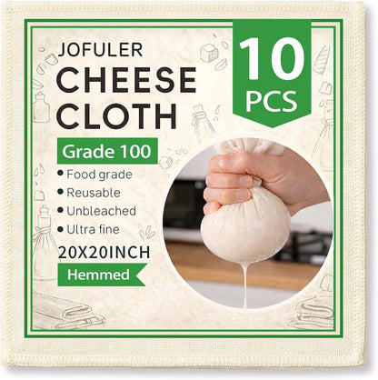 10 Pcs Unbleached Cheese Cloths, 20X20 Inch | Grade 100 Hemmed Cheesecloth for Cooking, Reusable Cotton Strainer for Juicing, Baking, Cheese and Yogurt Making1