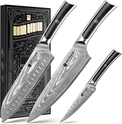 3PCS Damascus Chef Knife Set, VG10 Full Tang, Pakkawood Handle1