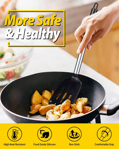 Pack of 2 Silicone Solid Turner, Non Stick Slotted Kitchen Spatulas, High Heat Resistant BPA Free Cooking Utensils, Ideal Cookware for Fish, Eggs, Pancakes(Black)4