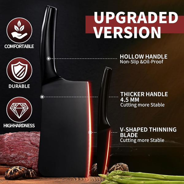 Chopping Knife and Fruit Knife,Black Ti Coating Kitchen Knife Set Meat Bone Chopper Meat Knives Paring Knives with Anti-Slip Hollow Handle4