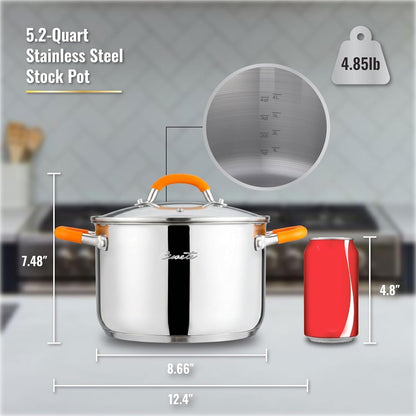 Stainless Steel Stock Pot, 5.2 Quart Soup Pot with Lid, Heavy-Duty Thick Bottom Induction Cooking Pot for Pasta, Stew & Simmering, Even Heating, Compatible with All Cooktops, Dishwasher Safe6