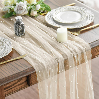 Pearl Beige Gauze Table Runner 120 Inch 10FT, Seasonal Sheer Dining Holiday Wedding Birthday Baby Shower Table Decor for Home Party1