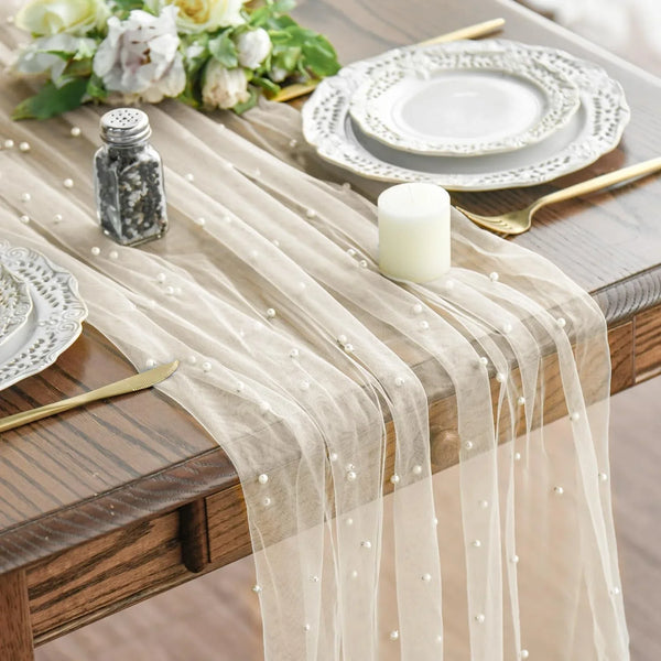 Pearl Beige Gauze Table Runner 120 Inch 10FT, Seasonal Sheer Dining Holiday Wedding Birthday Baby Shower Table Decor for Home Party1