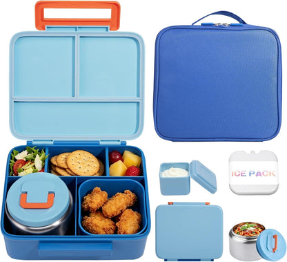 Bento Lunch Box for Kids with 8Oz Soup Thermo Leak-Proof Lunch Food Containers with Snack Sauce Container for Kid Girls Boys to School,Blue Bag1