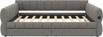King Daybed with USB, King Corner Bed, Upholstered Bed Frame with 2 Drawers for Kids,Teens,Adults, Lambswool, Gray7