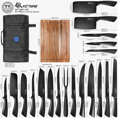 19-Piece Black Kitchen Knife Set, Oxide Blackened Stainless Steel Blades, Hollow Metal Horseshoe Handles, Professional Chef Knives with Gift Box | Included Acacia Wood Cutting Board, 20-Slot Oxford Cloth Knife Roll Bag, Lightweight and Well-Balanced, Non-Slip Grip2